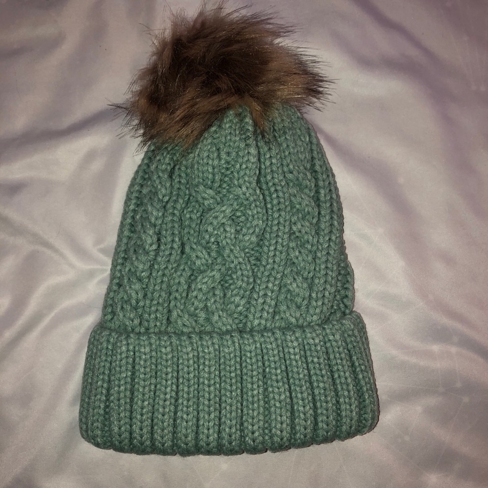 blue green pom pom beanie